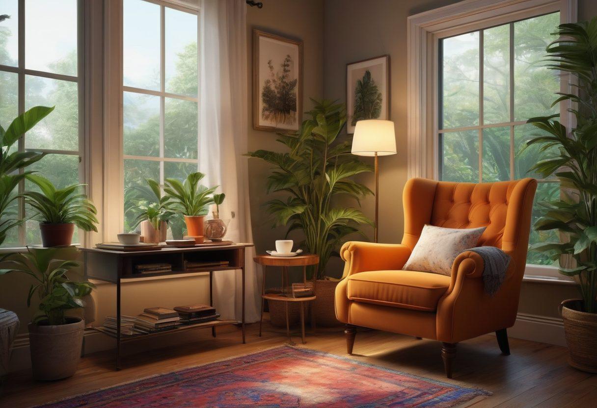 A cozy and inviting living room scene featuring a comfy armchair with a book open on a side table, surrounded by lush indoor plants and ambient lighting. A large window showcasing a serene view of nature outside, with elements representing leisure such as a cup of tea and art supplies nearby. The atmosphere should feel warm and inspiring, encouraging creativity and relaxation. super-realistic. vibrant colors. soft lighting.