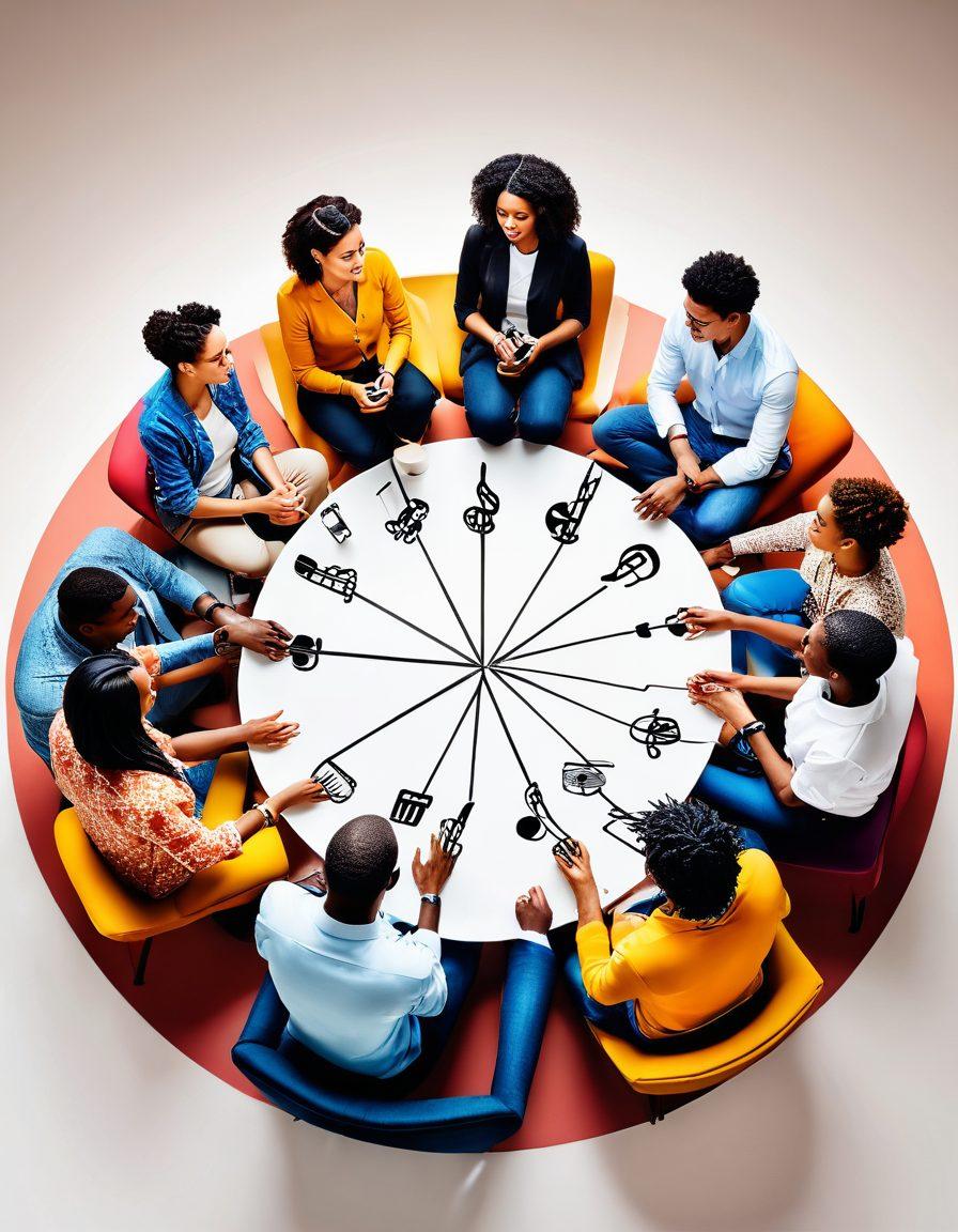 A diverse group of people sitting in a circle, engaged in passionate discussions about lifestyle and entertainment trends, surrounded by vibrant visual elements like musical notes, film reels, and fashion items floating around them. The setting has an inviting, cozy atmosphere with warm lighting and modern decor, symbolizing collaboration and community. super-realistic. vibrant colors. white background.