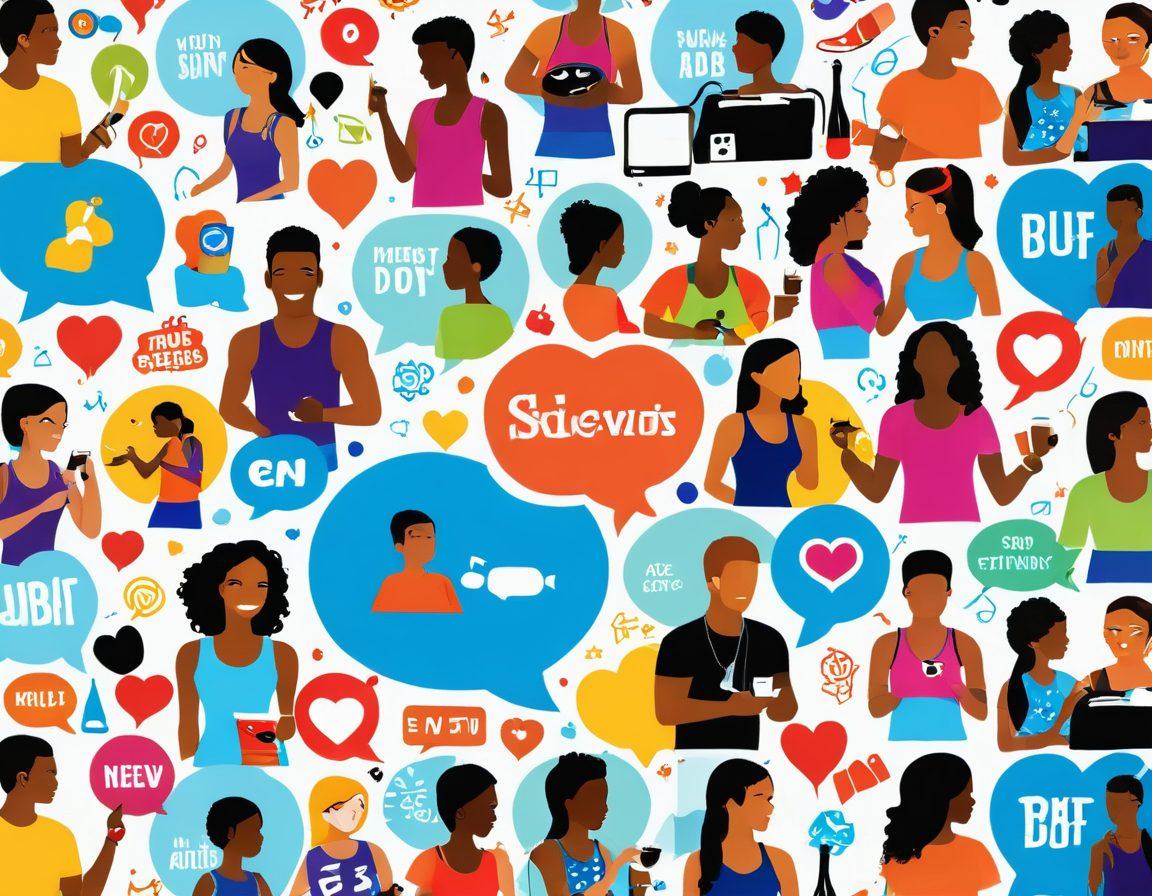 A vibrant collage showcasing diverse individuals engaging in modern lifestyle activities, such as fitness, cooking, and socializing. Include elements representing entertainment like music, movies, and gaming, along with visual icons of community connection like chat bubbles and heart symbols. Bright colors and dynamic compositions to convey energy and excitement. super-realistic. vibrant colors. white background.
